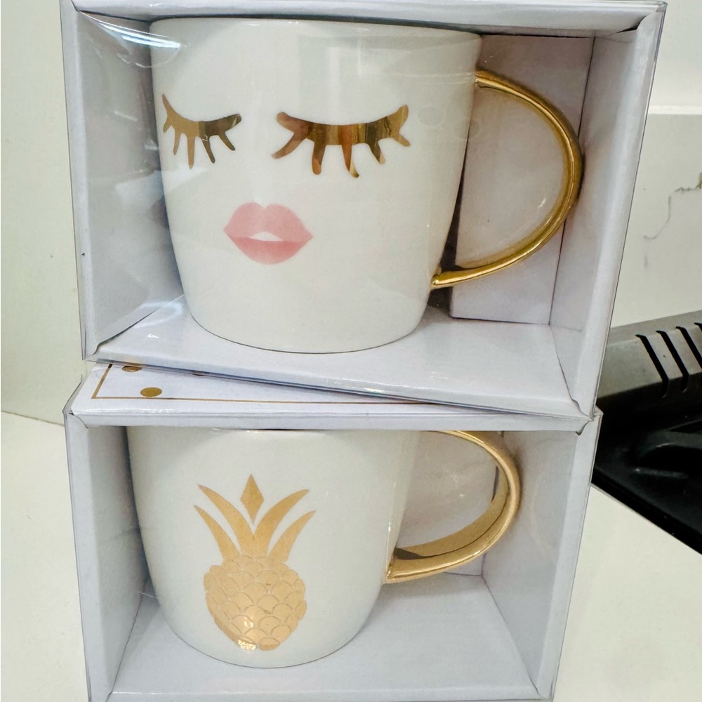 Gold & White Ceramic Mugs (Set of 2)